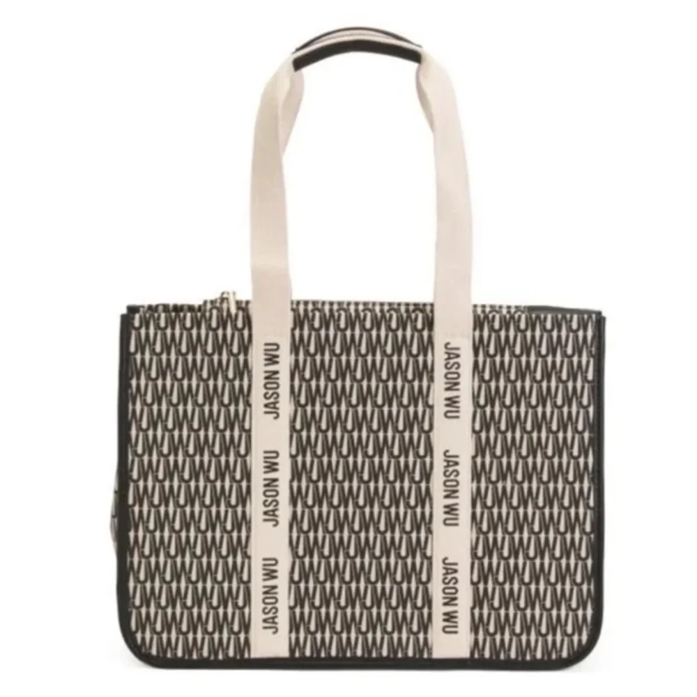 JASON WU Canvas Tote Bag Remmy Logo Print Black and Cream‎